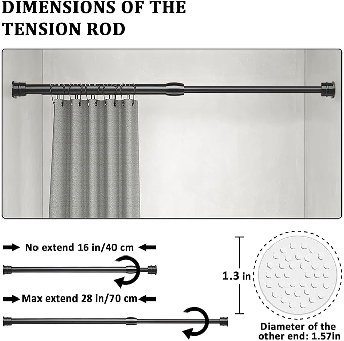 Small Tension Curtain Rods 16 to 28 Inches, Adjustable Expandable Short Shower Rod Non-Slip Non Drill Spring Tension Rod for Windows, Closet, Kitchen, Black