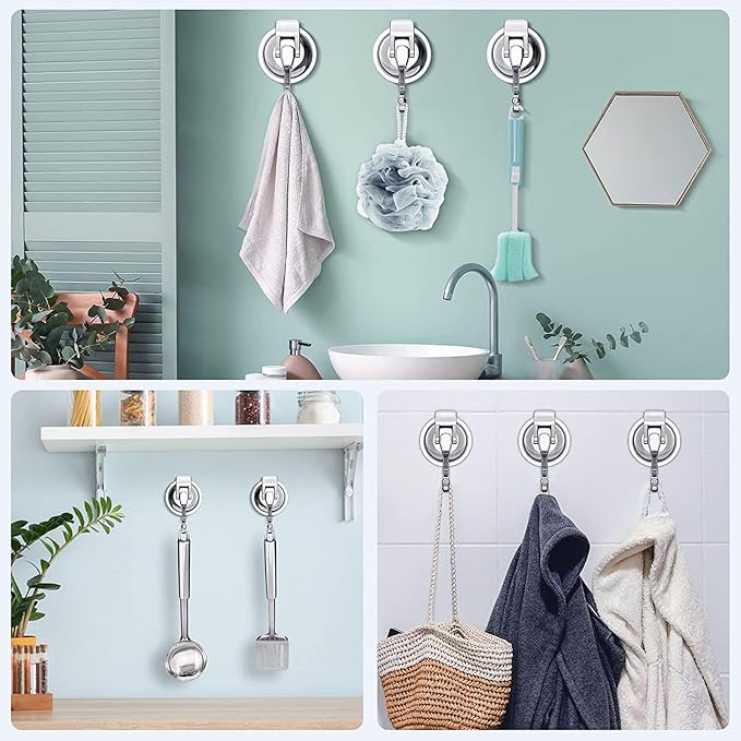 Heavy Duty Vacuum Suction Cup Hooks, Silver Plated Polished ABS Plastic and TPU Rubber Super Suction for Kitchen Bathroom, 1 Pack