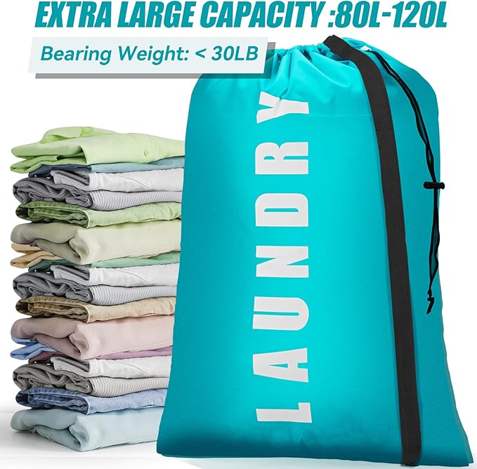 Isink Heavy Duty Laundry Bag with Strap, 2 Pack Travel Laundry Bags for Dirty Clothes, 24" x 36" Large Laundry Bag for Traveling, Camping, Dorm (Cyan + Gray)