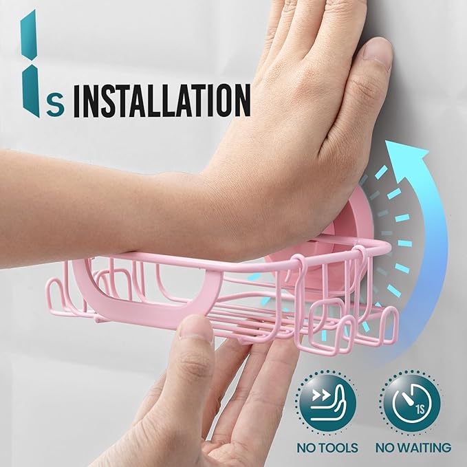 TAILI Soap Bar Holder Dish with Hooks, Shower Soap Tray Saver Suction Cup with Razor Holder for Wall, Rustproof Stainless Steel Bath Shampoo Caddy for Bathroom Accessories Organizer, Pink