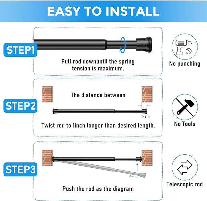 4 Pack Small Spring Tension Curtain Rod 8 to 12.5 Inch, Thin DIY Tension Rods No Drill for Slim Window Cupboard Closet Sidelights, Black