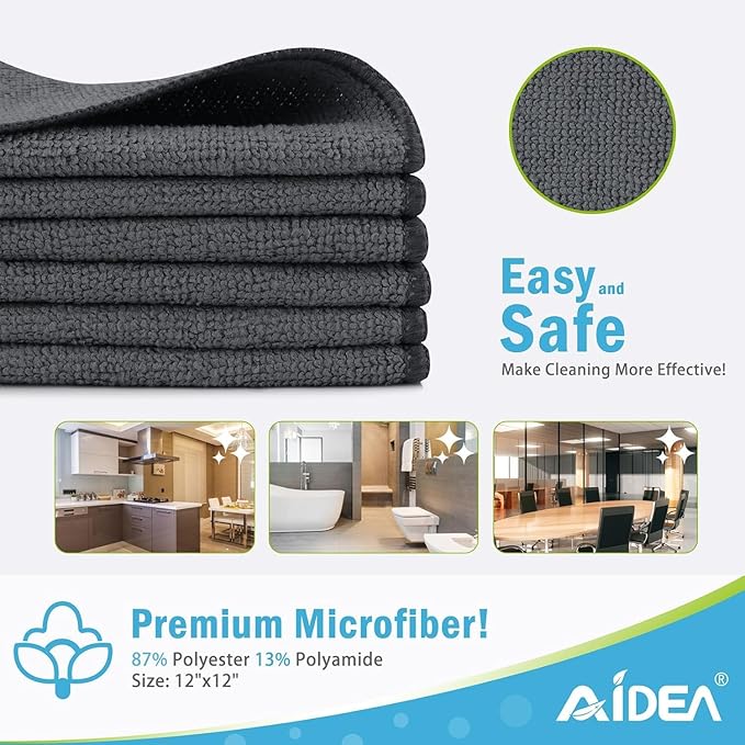 AIDEA Microfiber Cleaning Cloth-800PK, Soft Microfiber Towels for Cars, Absorbent Cleaning Rags, Lint-Free Streak-Free Wash Cloths for House, Kitchen, Window(12in.x12in), Grey