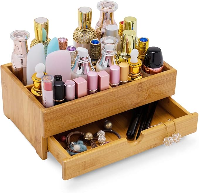 GOBAM Bamboo Makeup Organizer and Storage with Drawer, Wooden Cosmetic Organizer Countertop for Bathroom, Bedroom, Kitchen & Dresser, Desk Organizer with Drawers and Makeup Vanity Station - Medium