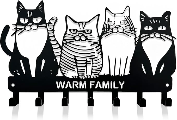 Key Holder for Wall, 11.88'' x 7'' Black Metal Cat Shape Decoration Key Hook Wall Mount Key Rack Hanger Storage Organizer with 7 Hooks for Home Doors Entryway Kitchen Garage Decor