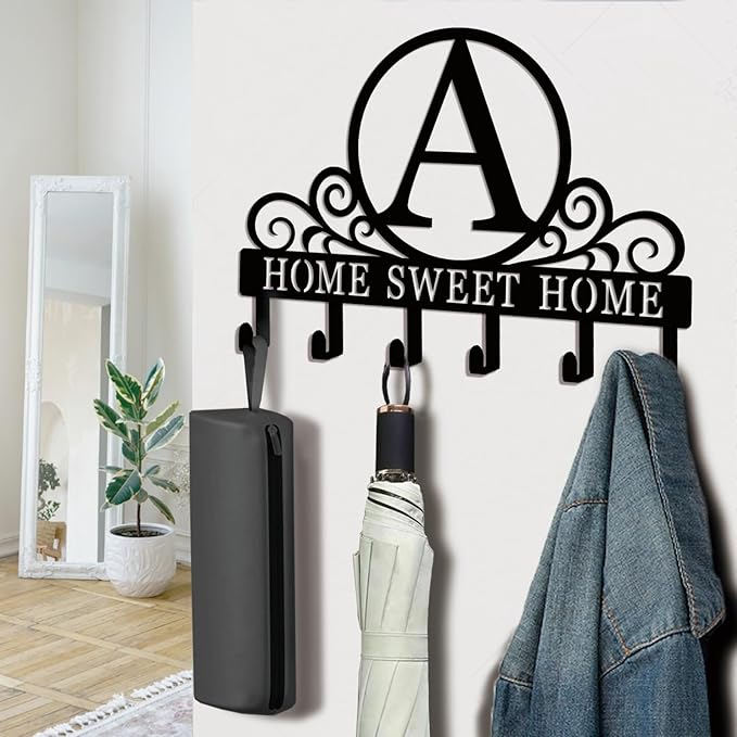 Metal Letter A Key Holder for Wall, Monogram Coat Rack Wall Mount, Key Hooks Perfect for Bathroom, Living Room, Kitchen, Office Ideal Wedding, Anniversary, Housewarming Gift (A)
