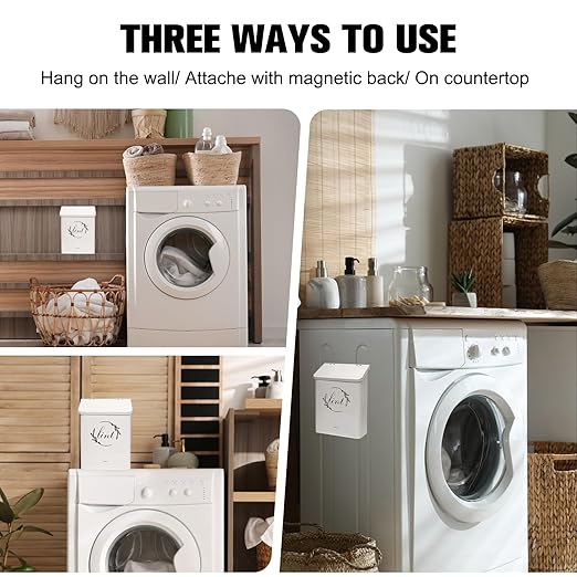Magnetic Lint Bin for Laundry Room, Metal Lint Trash Can with Lid for Dryer, Wall Mounted Lint Holder Box with Lint Brush, Modern Farmhouse Laundry Room Decor, Cream