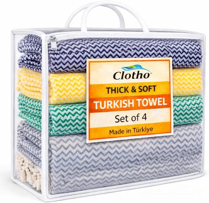Clotho Turkish Towel Set of 4-100% Turkish Cotton Oversized Beach Towels 4 Pack - Quick Dry Thick Soft - Luxury Towel for Pool, Spa and Bathroom with Fringe