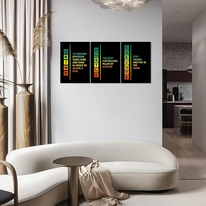 KAWAHONE Motivational Canvas Wall Art, Hustle Grind Execute Wall Art Decor, Black and White Positive Motivational Poster Framed Inspirational Entrepreneurs Painting Prints Quotes Poster for Office Workplace