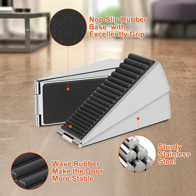 Adjustable Large Door Stoppers, Heavy Duty Door Stoppers for Bottom of Door, Door Stop with Strong Grip Stainless Steel for Heavy Duty and Usual Doors, Silver