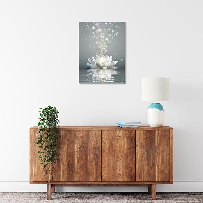 Ypxzzj Framed White Lotus Flower Wall Art for Living Room, Zen Canvas Wall Art for Yoga Bedroom,Meditation Spiritual Wall Decor Print for Bathroom Study Room Ready to Hang (12''x16'')