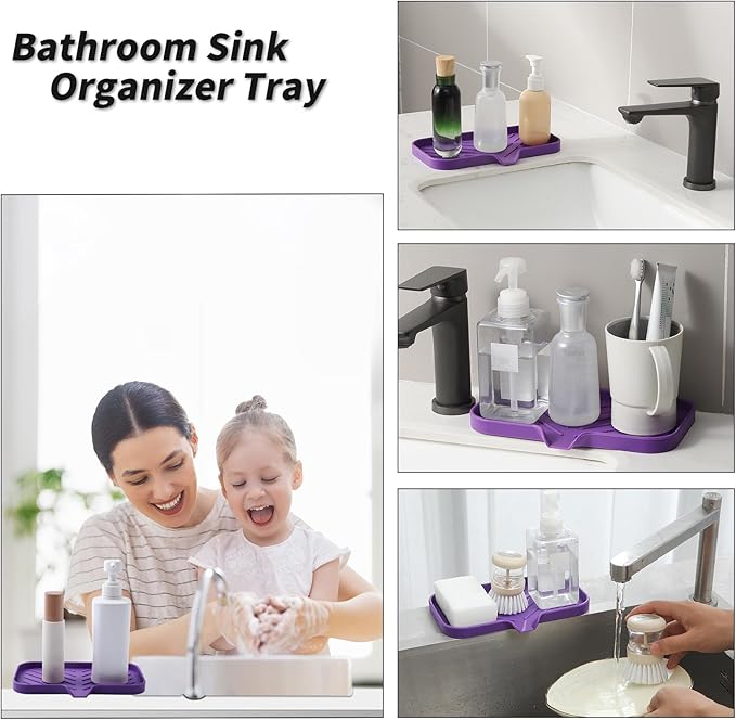Silicone Bathroom Soap Dishes with Drain Spout - Bathroom and Kitchen Sink Organizer, Sponge Holder, Dish Soap Tray, Perfect for Dispenser, Scrubber, Bottle, Cup on Sink or Counter - Purple 9.6" × 5.3"