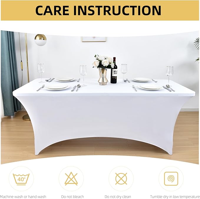 ZarzaaSik 2-Pack 8ft White Spandex Table Covers for Rectangle Folding Tables - Washable Elastic Tablecloth - Ultimate Fitted Table Protector for Birthday Parties, Trade Shows, Banquet