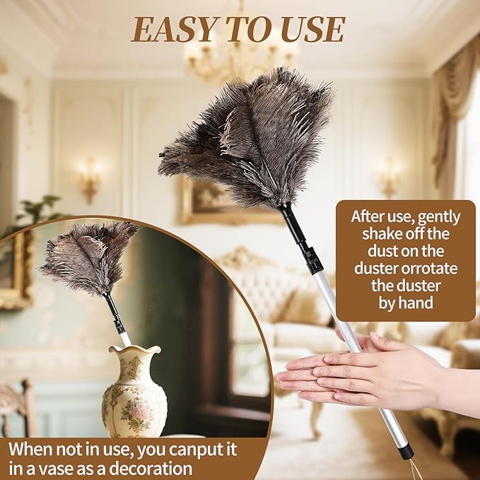 Daieeparty Extendable Ostrich Feather Duster up to 25-49 inches Fluffy Feathers Long Handle Reusable for Cleaning Ceiling Fan Pendant lamp Feather Duster 1pcs