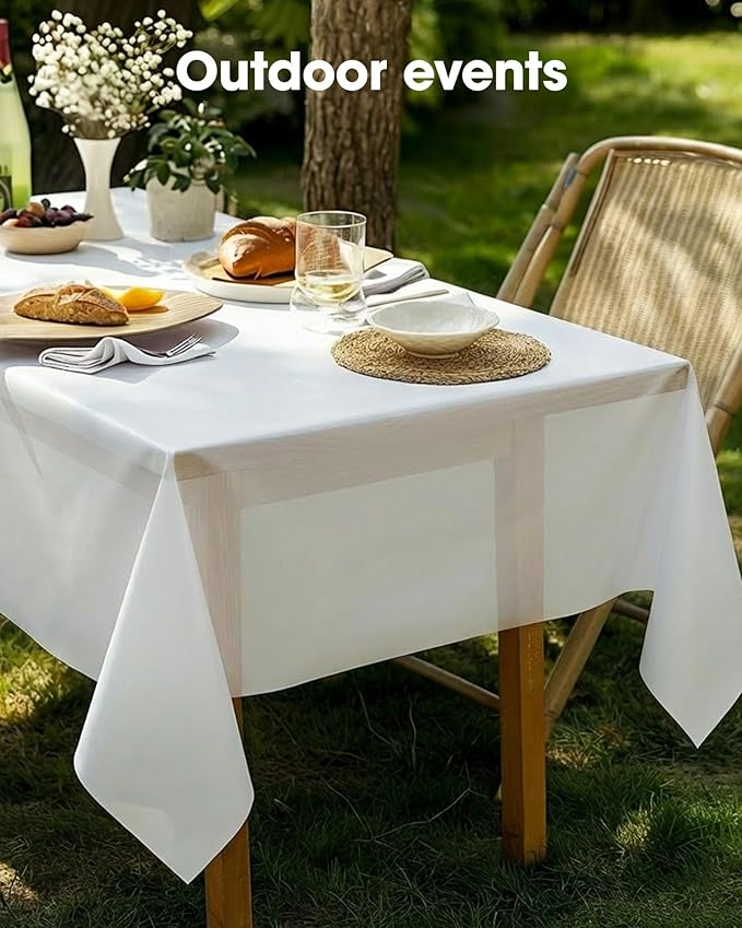 Pureegg Plastic Table Cloth Disposable 10 Pack, 54 x 156 Inch Table Cloths, Party, Picnic, Wedding, Decorative Tablecloths, Rectangle, White Plastic Cover, Leakproof & Sturdy, White