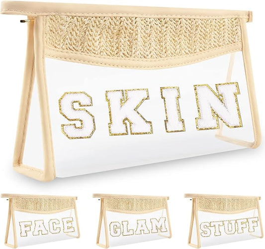 Clear Makeup Letter Patch Makeup Bag SKIN Pouch, Boho Clear Toiletry Bags Travel Small Cute Stadium Chenille Letter Cosmetic Zipper Pouch Purse, Women Transparent Waterproof Makeup Organizer Bag(SKIN)