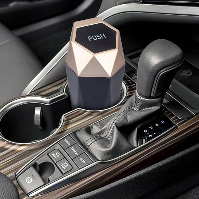 Car Trash Can, Car Trash Bin with Lid, Car Accessories for Women Interior, Car Garbage Can with Additional 2 ABS Hooks and 60pcs Trash Bags, Suitable for Home, Office, Car Organizer, Gold