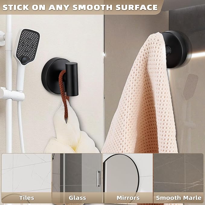 Suction Cup Hooks for Shower - Bathroom Reusable Hooks for Towels, Robes & Loofah - No-Drill Mounting on Kitchen,Walls,Metal,Glass,Mirrors,Tile & Smooth Non-Porous Surfaces (2, Matte Black)