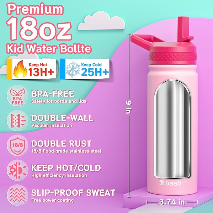 baab 18oz Kids Water Bottle, Insulated Water Bottle with Straw & Stickers, 18/8 Stainless Steel Vacuum Leakproof Kids Water Straw Cup for School, Perfect for Boy Girl (Rose Pink, 1 Pack)