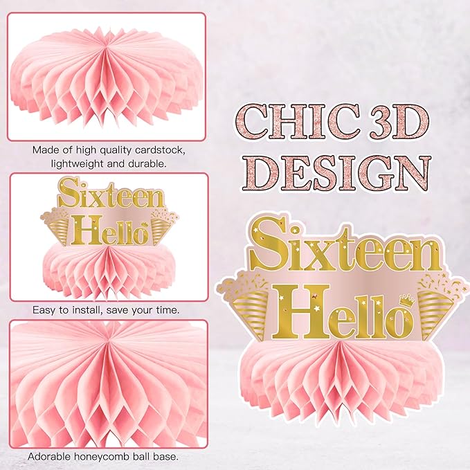 9Pcs 16th Birthday Decorations Pink Rose Gold Honeycomb Centerpieces for Girls, Happy 16th Birthday Table Centerpieces Party Supplies, Sixteen Year Old Birthday Table Toppers Decor
