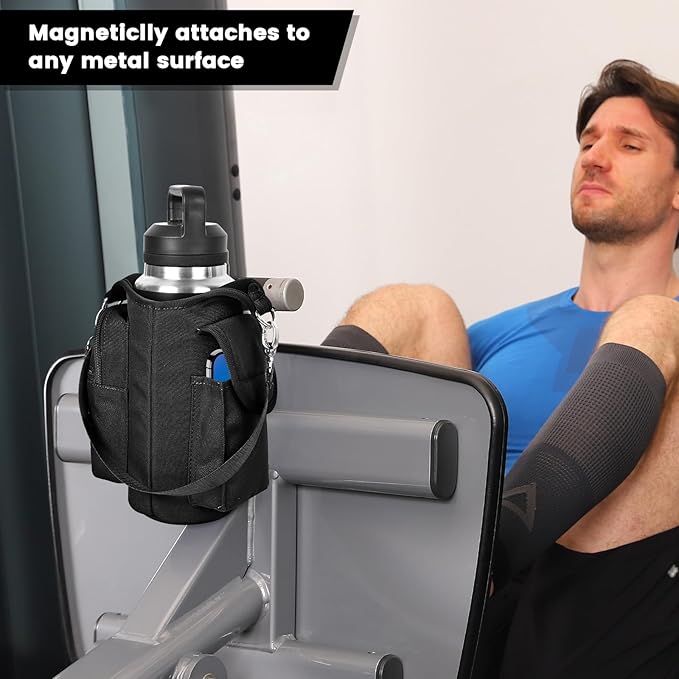 icolor Magnetic Gym Bag Water Bottle Carrier Holder with Phone Pockets & Shoulder Strap,Gym Magnetic Bag 5 Built-in Magnets Gym Accessories Organizer Sling Bottle Bag Pouch Sleeve