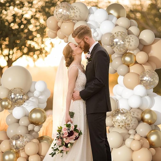 Ouddy Party White Sand Gold Balloon Arch Garland Kit, Different Sizes 18 12 10 5 Inch Beige Nude Cream Neutral Latex Metallic Confetti Balloon for Baby Shower Wedding Birthday Party Decorations