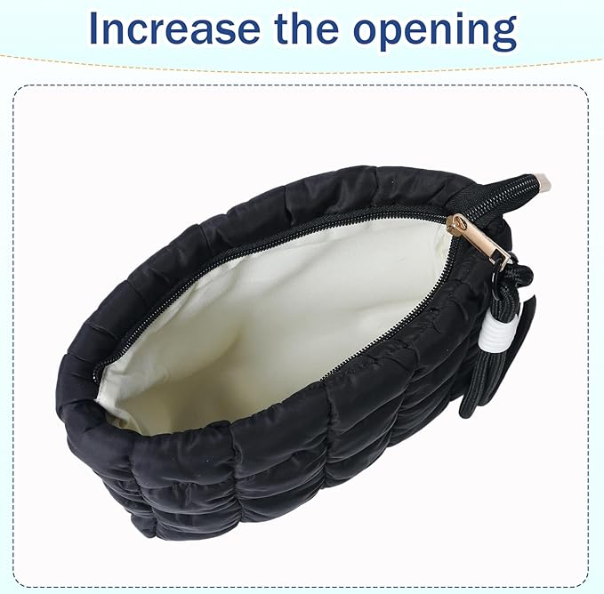 Puffy Quilted Makeup Bag Cosmetic Bag Equipped with a Detachable Handle Cute Zipper Pouch for Storage Clutch for Women (Black)