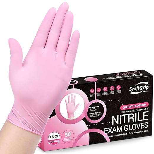 SwiftGrip Pink Disposable Exam Gloves, X-Small, 50-ct Box, Powder-Free, Latex-Free, Medical Grade Gloves for Cleaning & Esthetician