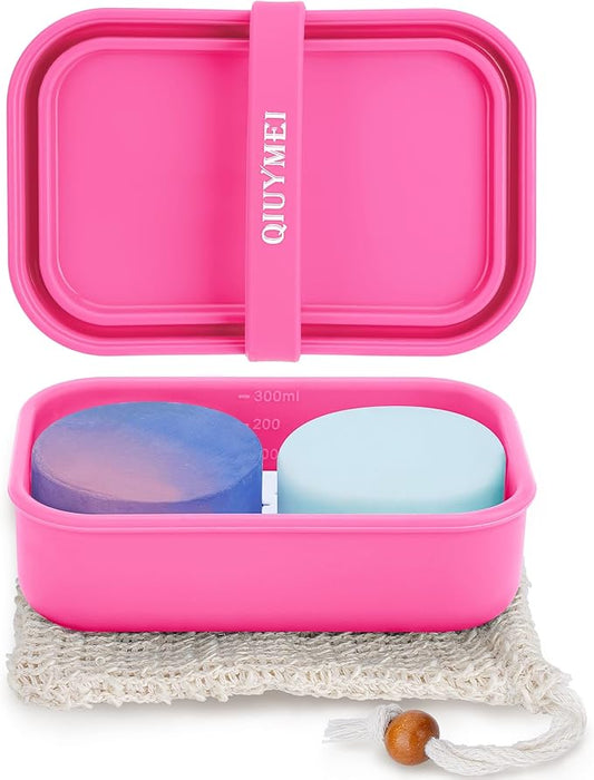 Silicone Soap Holder， Enhanced Leak-Proof Travel Soap Container with Draining Layer，Portable Bar Soap Holder, Soap Case with Soap Bag, Soap Dishes for Bathroom/Camping/Gym/ (Pink)
