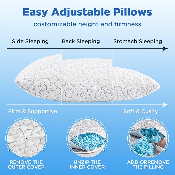 Cooling Bed Pillows for Sleeping 2 Pack Shredded Memory Foam Pillows Standard Size Set of 2, Adjustable Cool Pillow for Side Back Stomach Sleepers Luxury Gel Pillows with Washable Removable Cover