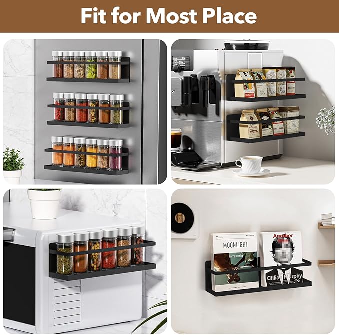 Magnetic Spice Rack for Refrigerator, Magnetic Fridge Shelf for Kitchen Spice Organizer, Spice Rack Wall Mount, Fridge Organizers and Storage (2, Black)