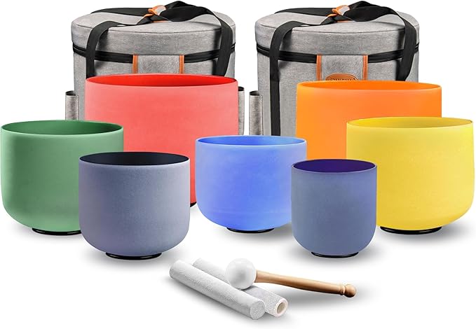 RYAN DVAN 432 hz 7-12 Inch Set of 7 Colored Frosted Quartz Crystal Singing Bowl with Free 2 pcs Carrying Cases