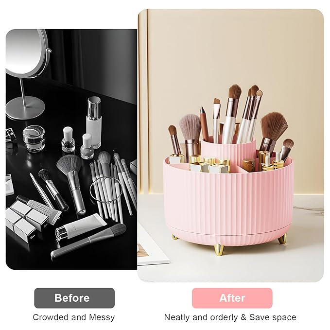 Diesisa Makeup Brush Holder Organizer, 360° Rotating Makeup Brush Organizer, 5 Slot Makeup Brushes Cup for Cosmetics, Nail Polish, Art Supply, Bathroom Vanity Desktop Organizer - Pink