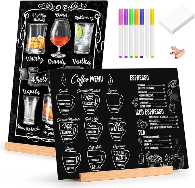 Tabletop Chalkboard with Wood Stand - 2 Pack, 8 x 12 Inch Double Sided Blackboard Food Signs Menu Message Boards for Coffee Bar, Lemonade Stand, Party Decoration - Slant Back