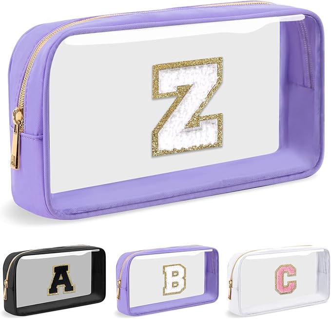 Personalized Initial Letter Clear Makeup Bag, Preppy Small Nylon & PVC Cosmetic Zipper Bag with Chenille Letter, Travel Skincare Toiletry Bag, Monogram Christmas Gift for Teen Girls Women