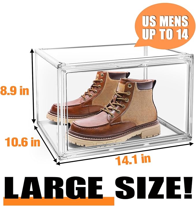 Size 14 Large Clear Shoe Storage Boxes Stackable, Acrylic Shoe Boxes Sneaker Display Case for Sneakerheads Boot Handbag Purse Figure Collectibles Showcase, 1 Pack