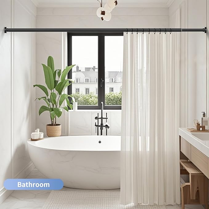 Black Shower Curtain Rod 34-66 Inches (2.8-5.5ft) Never Rust Adjustable Shower Rod Spring Tension Non-Slip No Drilling Shower Rods for Bathroom Garland Window