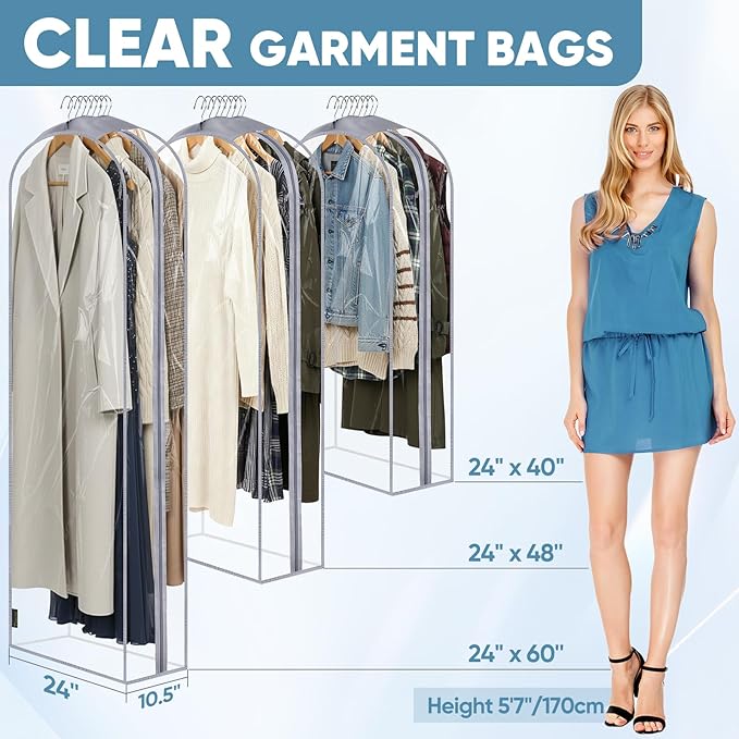 BALEINE 60'' Clear Garment Bags, 10.5'' Wide PEVA Suit Bag for Closet Clothes Dresses Suit Coats Storage (Clear, 9PK)