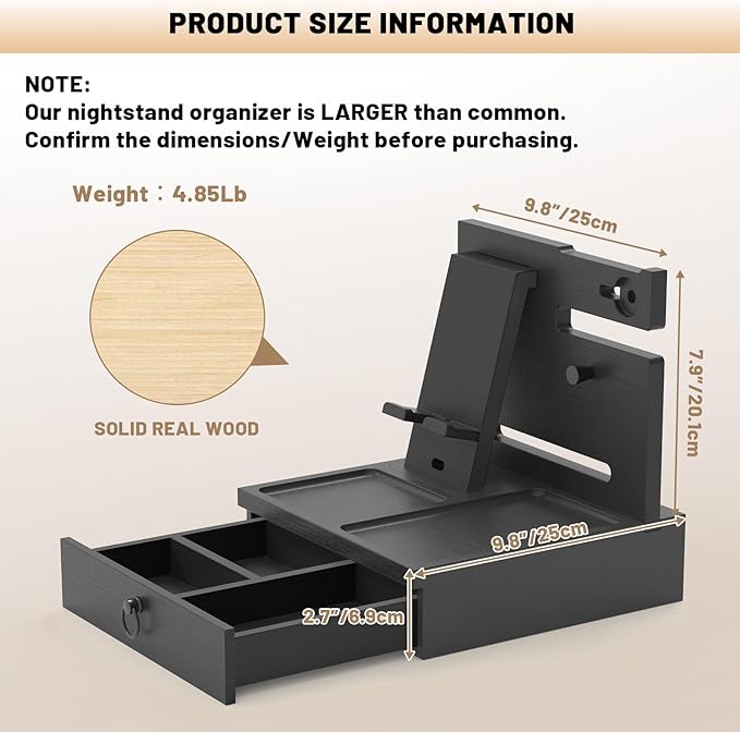 Wood Phone Docking Station, Nightstand Organizer with Drawer, Bedside Table Organizer for Watch & Accessories, Christmas Anniversary Birthday Gifts for Men,Dad,Husband
