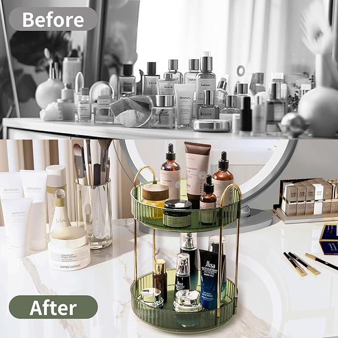 360 Rotating Makeup Organizer for Vanity, 2 Tier Large Capacity Skincare Organizers, Bathroom Counter Organizer, Spinning Perfume Organizer & Vanity Organizer (Green-2 Tier)