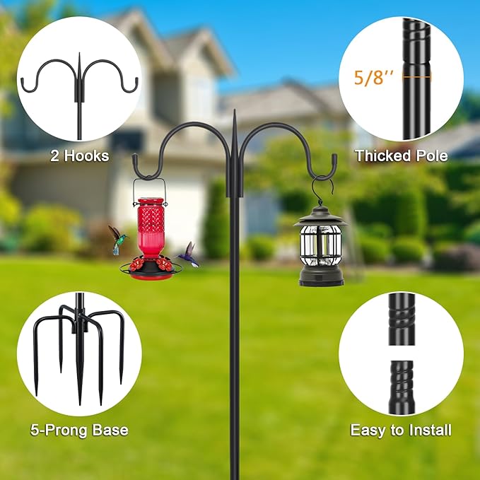 FEED GARDEN Heavy Duty Shepherds Hook 2 Pack 63" Double Hooks Adjustable (47/63") - Metal 5-Prong Base, 12lb Capacity - Easy Assembly Bird Feeder Pole for Hanging Planters, Lanterns, Wind Chimes