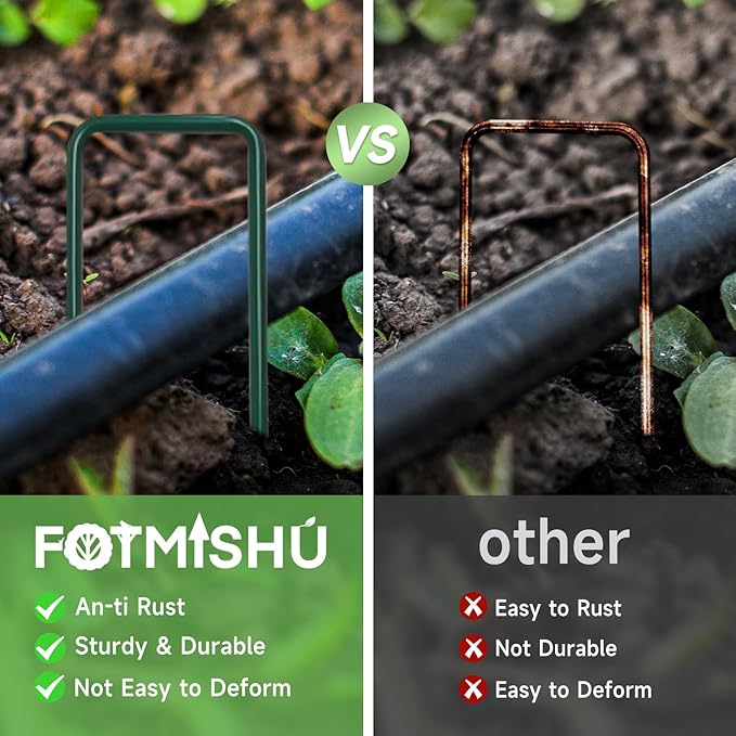 FOTMISHU Landscape Staples 6Inch 130Pcs Garden Stakes + 130pcs Gasket, Lawn Pins with Spray Coating Craft,11Gauge Anti-Rust Ground Yard Spikes Anchoring for Outdoor Tents Irrigation Hoses (Green)