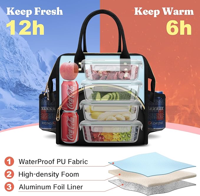 Lunch Bag for Women, Insulated Lunch Box, Wide-Open Lunch Tote Bag with Large Drinks Holder, Durable Nylon Thermal Snacks Organizer for Men, Adults, Work, Picnic, Hiking, Beach, Fishing (Pink + Black)