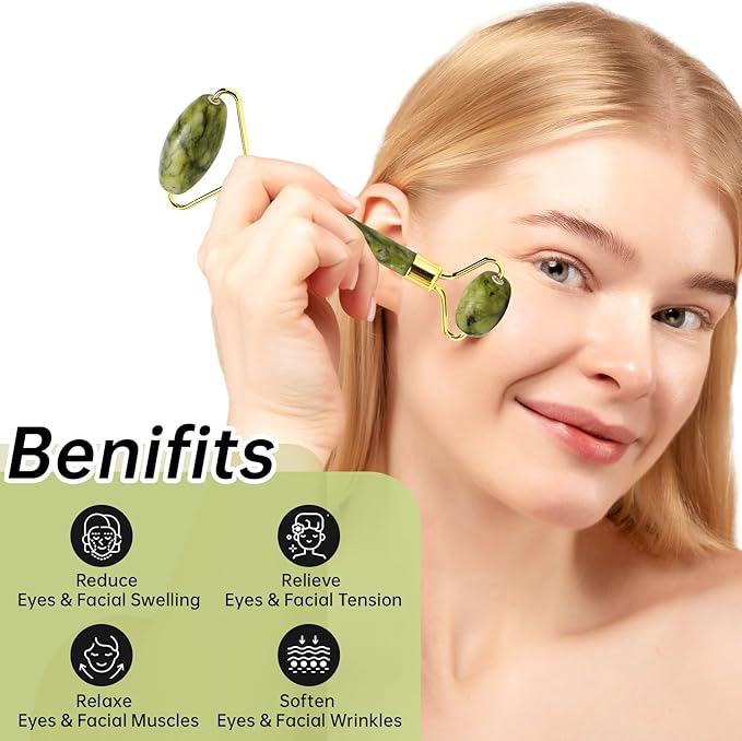 Jade Gua Sha and Face Roller, Real Jade Gua-Sha Stone Facial Tools Set for Reduce Puffiness, Body Guasha Tool for Relieve Neck Tension, Skincare Beauty Massager as Present for Women, Green
