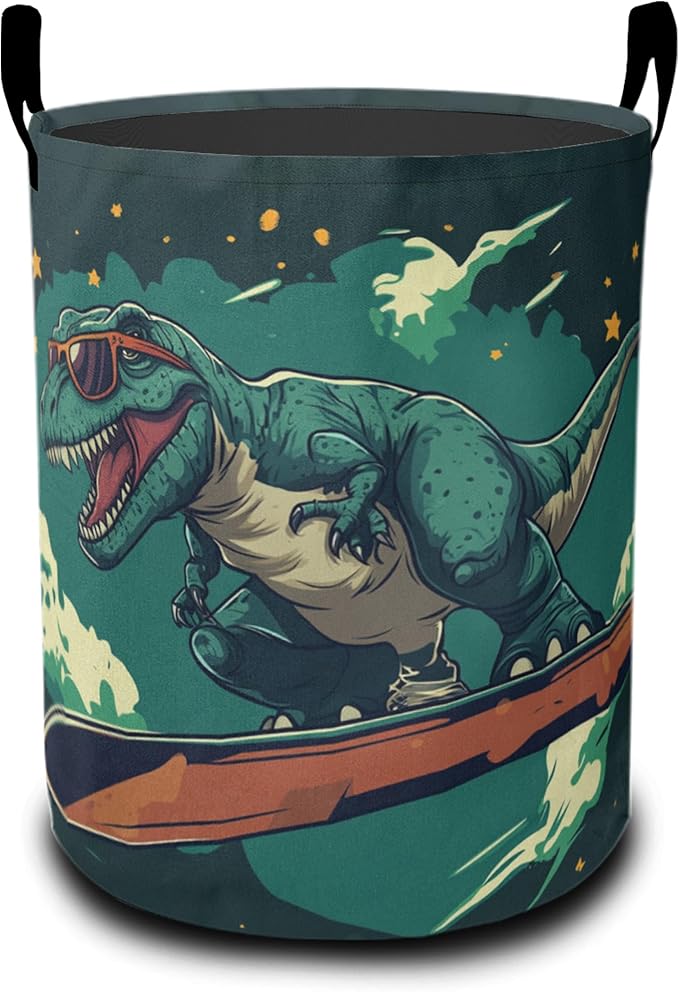 Cute Tyrannosaurus Rex Laundry Basket - Large Foldable Hamper Holder Portable Tall Collapsible Laundry Hamper Storage Basket Bin with Handles, Canvas & Waterproof Lining for Household Items