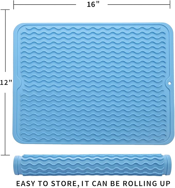 MicoYang Silicone Dish Drying Mat for Multiple Usage,Easy clean,Eco-friendly,Heat-resistant Silicone Mat for Kitchen Counter or Sink,Refrigerator or drawer liner Light Blue L 16 inches x 12 inches