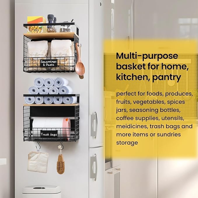 [WIDER SHELF] 1 SET Strong Magnetic Shelf Basket for Fridge with Tag & Bamboo Top, XXL Large Magnetic Spice Rack Shelves for Side of Refrigerator, Kitchen Pantry Storage Organizer for Food Fruit Veg