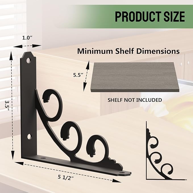 L Shelf Brackets for 5.5" 6" 7" Board, Floating Shelf Bracket Heavy Duty Metal Shelving Brackets for Shelves, Decorative Iron Rustic Wall Brackets for DIY Floating Shelf, 6 Pack Black