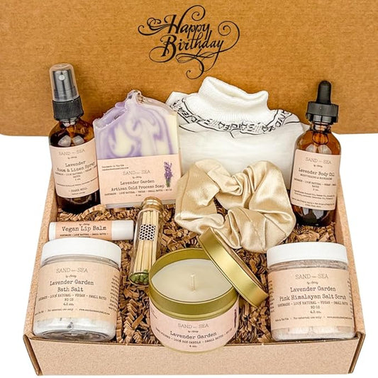 Birthday Gift Baskets for Women, Handmade Lavender Gift Box, Natural Relaxing Spa Self Care Package for Woman 10 Pc, Spa Gifts for Her, Gift Basket for Mom, Bday Box, Women Birthday Gift Ideas