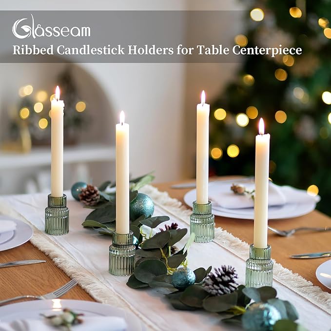 Glass Candle Sticks Holder Decor: Crystal Green Glass Candle Holder Set of 10 Modern Taper Candle Holders for Table Centerpiece Ribbed Tapered Candlestick Holders for Dining Room Decoration Valentines