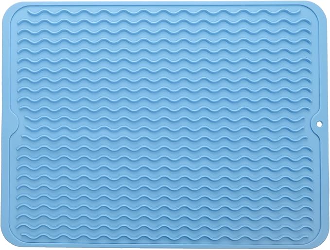 MicoYang Silicone Dish Drying Mat for Multiple Usage,Easy clean,Eco-friendly,Heat-resistant Silicone Mat for Kitchen Counter or Sink,Refrigerator or drawer liner Light Blue L 16 inches x 12 inches